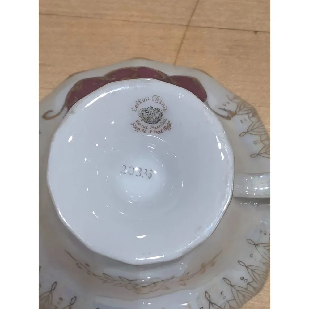 Vintage Lefton China Iridescent Lusterware Teacup Saucer Set Maroon Gold 20336